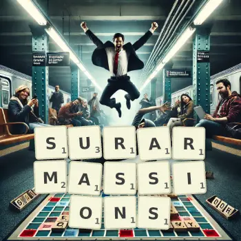 Illustration créative d'un jeu de lettres avec le mot SURARMASSIONS épelé sur le plateau.