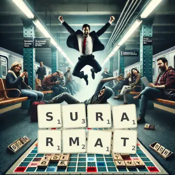 Illustration créative d'un jeu de lettres avec le mot SURARMAT épelé sur le plateau.