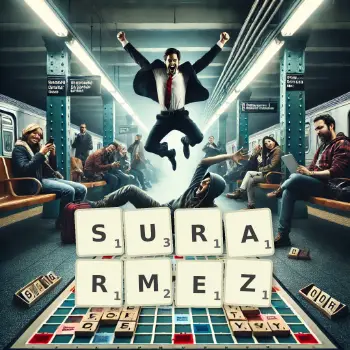 Illustration créative d'un jeu de lettres avec le mot SURARMEZ épelé sur le plateau.