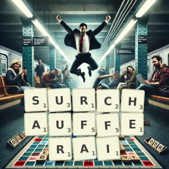 Illustration créative d'un jeu de lettres avec le mot SURCHAUFFERAI épelé sur le plateau.