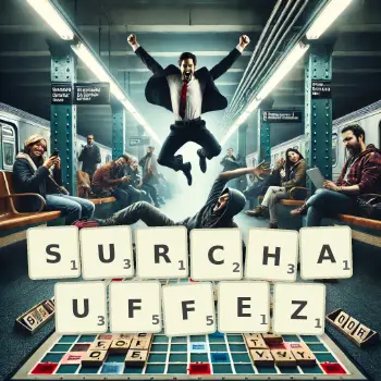 Illustration créative d'un jeu de lettres avec le mot SURCHAUFFEZ épelé sur le plateau.