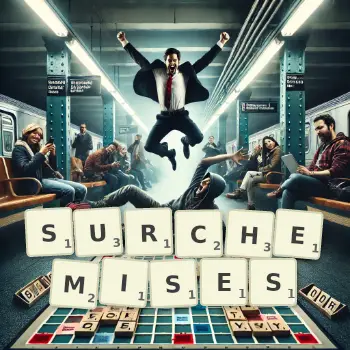 Illustration créative d'un jeu de lettres avec le mot SURCHEMISES épelé sur le plateau.