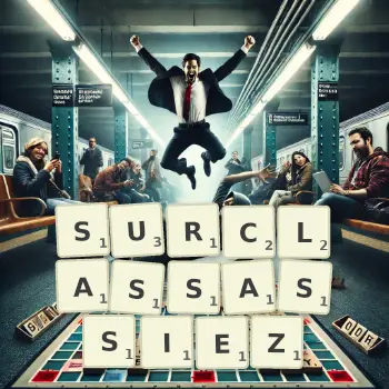 Illustration créative d'un jeu de lettres avec le mot SURCLASSASSIEZ épelé sur le plateau.