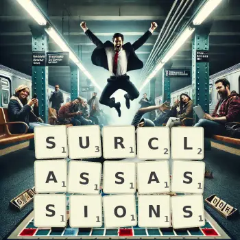 Illustration créative d'un jeu de lettres avec le mot SURCLASSASSIONS épelé sur le plateau.