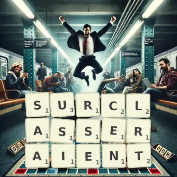 Illustration créative d'un jeu de lettres avec le mot SURCLASSERAIENT épelé sur le plateau.