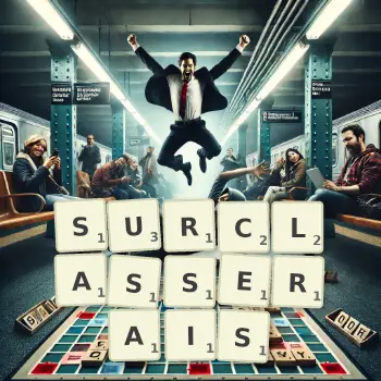 Illustration créative d'un jeu de lettres avec le mot SURCLASSERAIS épelé sur le plateau.