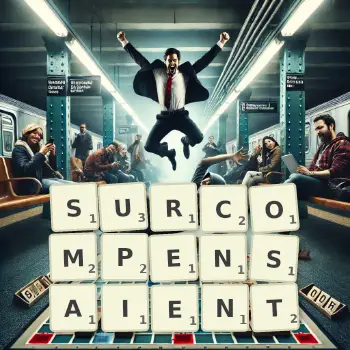 Illustration créative d'un jeu de lettres avec le mot SURCOMPENSAIENT épelé sur le plateau.