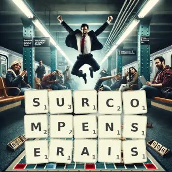 Illustration créative d'un jeu de lettres avec le mot SURCOMPENSERAIS épelé sur le plateau.