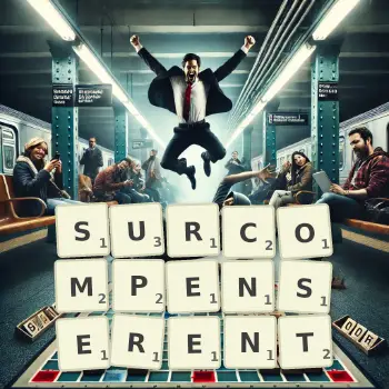 Illustration créative d'un jeu de lettres avec le mot SURCOMPENSERENT épelé sur le plateau.