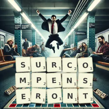 Illustration créative d'un jeu de lettres avec le mot SURCOMPENSERONT épelé sur le plateau.