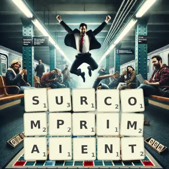 Illustration créative d'un jeu de lettres avec le mot SURCOMPRIMAIENT épelé sur le plateau.