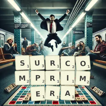 Illustration créative d'un jeu de lettres avec le mot SURCOMPRIMERA épelé sur le plateau.