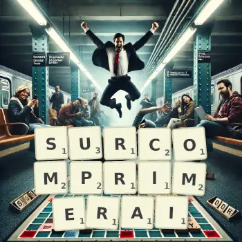 Illustration créative d'un jeu de lettres avec le mot SURCOMPRIMERAI épelé sur le plateau.