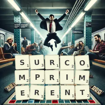 Illustration créative d'un jeu de lettres avec le mot SURCOMPRIMERENT épelé sur le plateau.