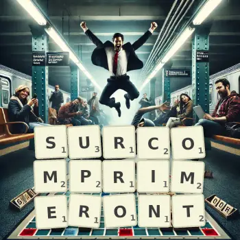 Illustration créative d'un jeu de lettres avec le mot SURCOMPRIMERONT épelé sur le plateau.