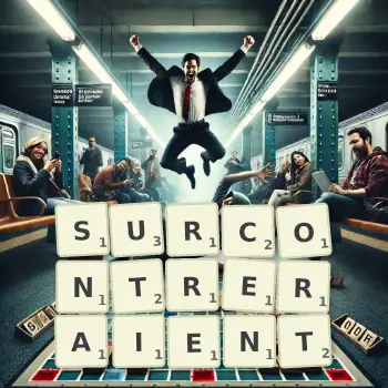 Illustration créative d'un jeu de lettres avec le mot SURCONTRERAIENT épelé sur le plateau.