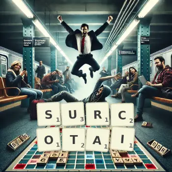 Illustration créative d'un jeu de lettres avec le mot SURCOTAI épelé sur le plateau.