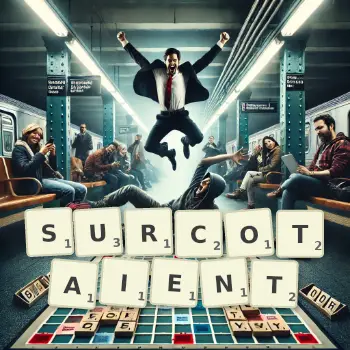 Illustration créative d'un jeu de lettres avec le mot SURCOTAIENT épelé sur le plateau.