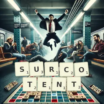 Illustration créative d'un jeu de lettres avec le mot SURCOTENT épelé sur le plateau.