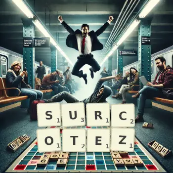 Illustration créative d'un jeu de lettres avec le mot SURCOTEZ épelé sur le plateau.