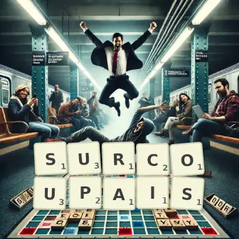 Illustration créative d'un jeu de lettres avec le mot SURCOUPAIS épelé sur le plateau.