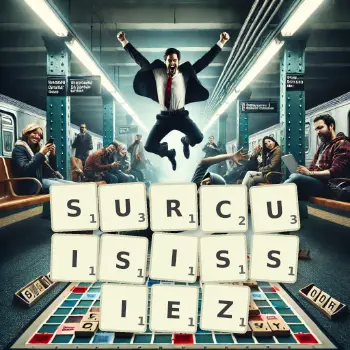 Illustration créative d'un jeu de lettres avec le mot SURCUISISSIEZ épelé sur le plateau.