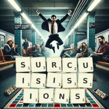 Illustration créative d'un jeu de lettres avec le mot SURCUISISSIONS épelé sur le plateau.