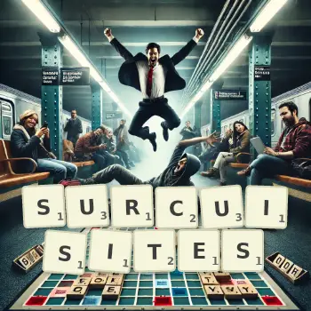 Illustration créative d'un jeu de lettres avec le mot SURCUISITES épelé sur le plateau.