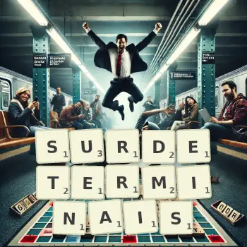 Illustration créative d'un jeu de lettres avec le mot SURDETERMINAIS épelé sur le plateau.