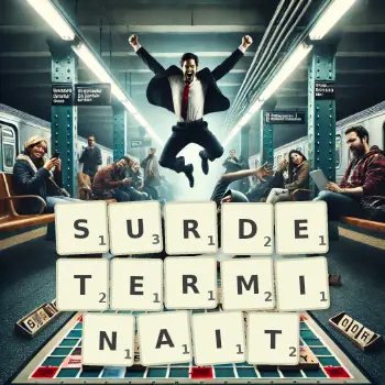 Illustration créative d'un jeu de lettres avec le mot SURDETERMINAIT épelé sur le plateau.