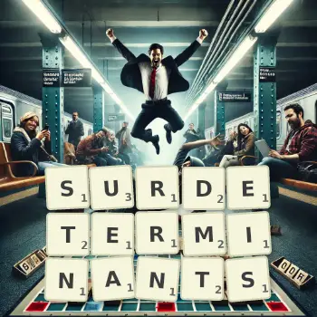 Illustration créative d'un jeu de lettres avec le mot SURDETERMINANTS épelé sur le plateau.