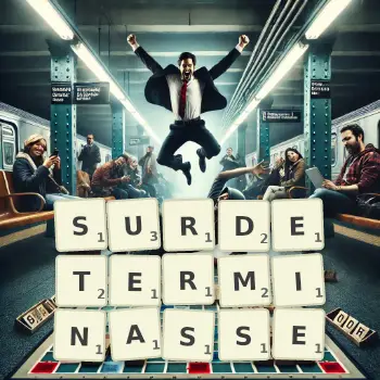 Illustration créative d'un jeu de lettres avec le mot SURDETERMINASSE épelé sur le plateau.