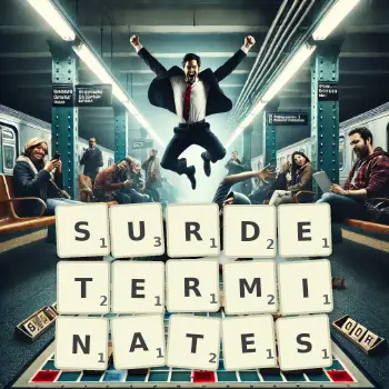 Illustration créative d'un jeu de lettres avec le mot SURDETERMINATES épelé sur le plateau.