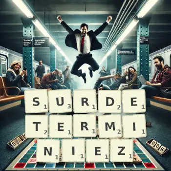 Illustration créative d'un jeu de lettres avec le mot SURDETERMINIEZ épelé sur le plateau.