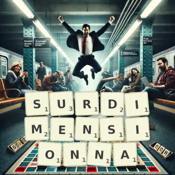 Illustration créative d'un jeu de lettres avec le mot SURDIMENSIONNA épelé sur le plateau.