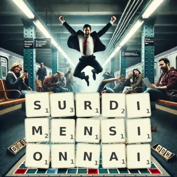 Illustration créative d'un jeu de lettres avec le mot SURDIMENSIONNAI épelé sur le plateau.