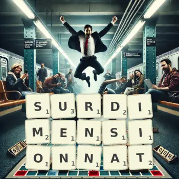 Illustration créative d'un jeu de lettres avec le mot SURDIMENSIONNAT épelé sur le plateau.