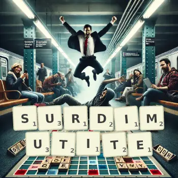 Illustration créative d'un jeu de lettres avec le mot SURDIMUTITE épelé sur le plateau.