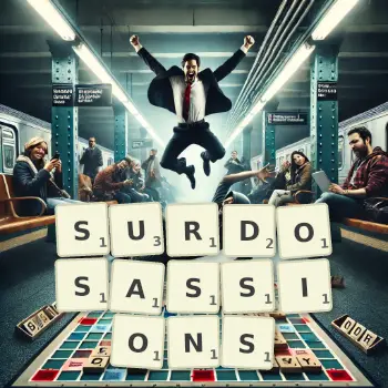 Illustration créative d'un jeu de lettres avec le mot SURDOSASSIONS épelé sur le plateau.