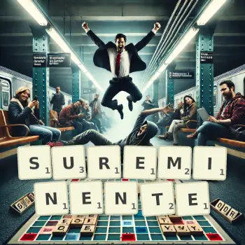 Illustration créative d'un jeu de lettres avec le mot SUREMINENTE épelé sur le plateau.