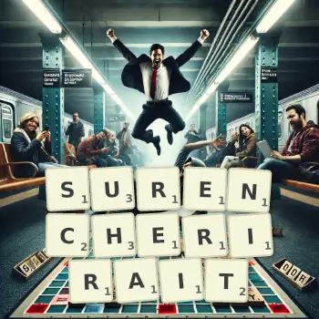 Illustration créative d'un jeu de lettres avec le mot SURENCHERIRAIT épelé sur le plateau.