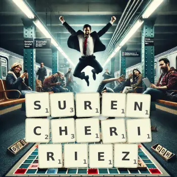 Illustration créative d'un jeu de lettres avec le mot SURENCHERIRIEZ épelé sur le plateau.