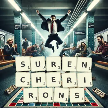 Illustration créative d'un jeu de lettres avec le mot SURENCHERIRONS épelé sur le plateau.