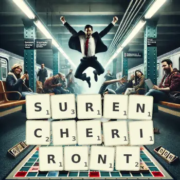 Illustration créative d'un jeu de lettres avec le mot SURENCHERIRONT épelé sur le plateau.