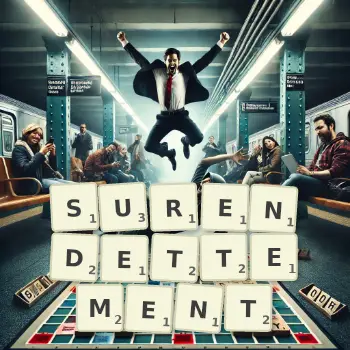 Illustration créative d'un jeu de lettres avec le mot SURENDETTEMENT épelé sur le plateau.