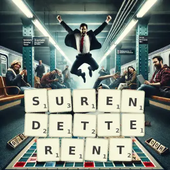 Illustration créative d'un jeu de lettres avec le mot SURENDETTERENT épelé sur le plateau.