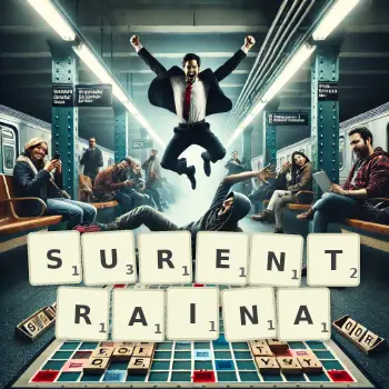 Illustration créative d'un jeu de lettres avec le mot SURENTRAINA épelé sur le plateau.