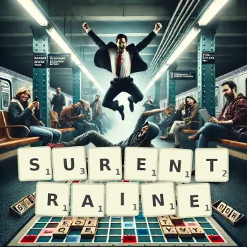 Illustration créative d'un jeu de lettres avec le mot SURENTRAINE épelé sur le plateau.