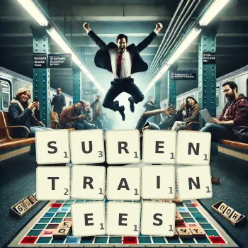 Illustration créative d'un jeu de lettres avec le mot SURENTRAINEES épelé sur le plateau.