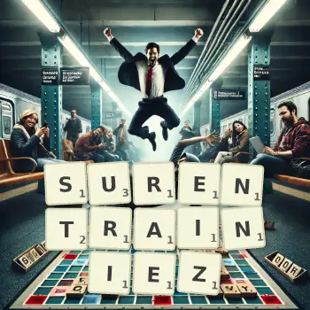 Illustration créative d'un jeu de lettres avec le mot SURENTRAINIEZ épelé sur le plateau.